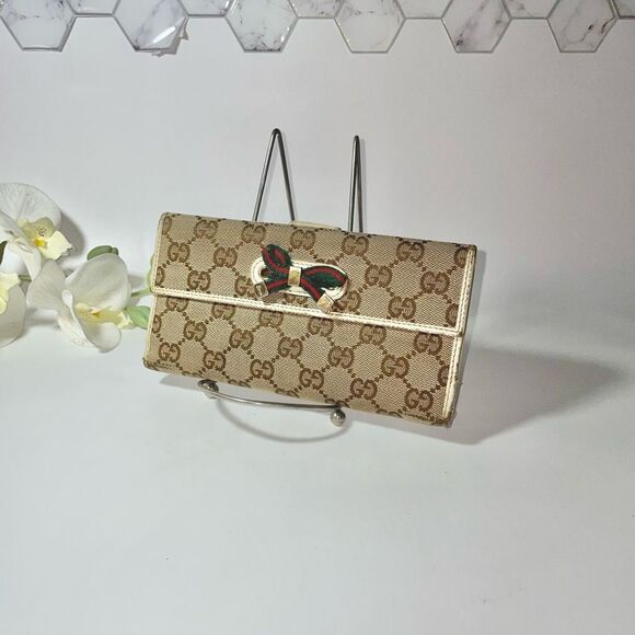 Gucci GG Logo Canvas Leather Trim Continental Wallet - Picture 2 of 15